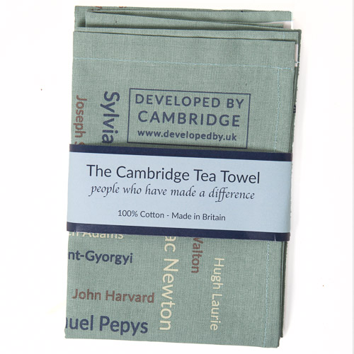 The Cambridge Tea Towel features over 200 names of individuals who have made a difference to our lives by their contribution across a broad range of endeavours including the arts, the sciences, in sport and in politics. Made in Britain from 100% cotton.
